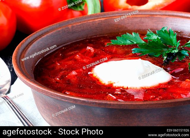 Traditional Romanian and Russian borsch - vegetable soup with parsley