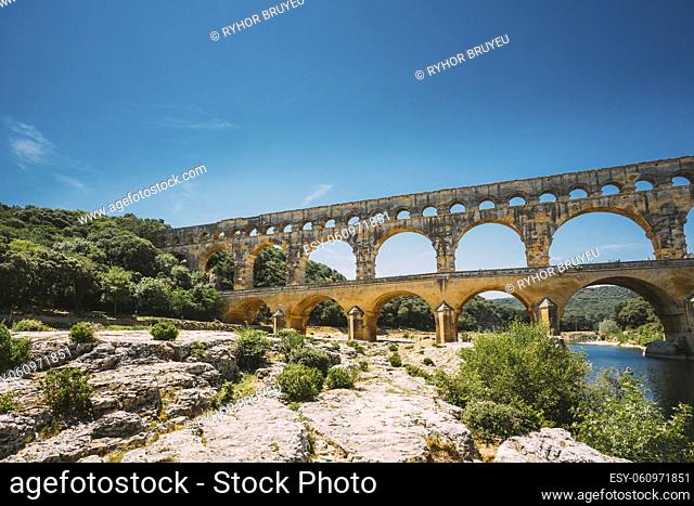 Famous landmark Ancient old Double arches of the Roman aqueduct of Pont du Gard, Nimes, France