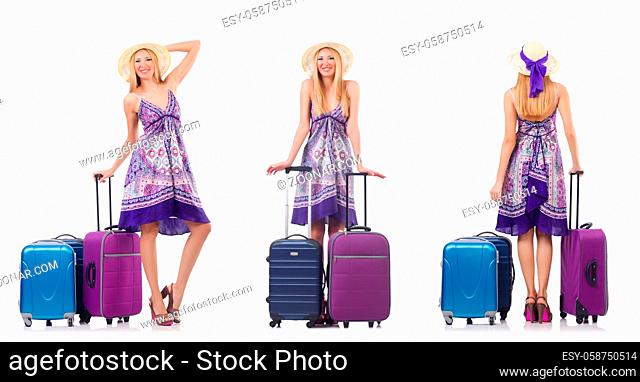 Beautiful woman with suitcase isolated on white