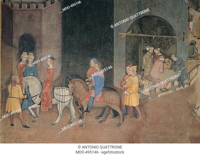 The Effects of Good Government in the City, by Lorenzetti Ambrogio, 1338 - 1339, 14th Century, fresco. Italy, Tuscany, Siena, Palazzo Pubblico. Detail