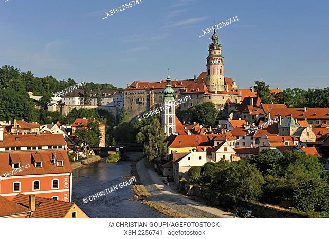 overview of the Old Town of Cesky Krumlov crossed by the Vltava River, South Bohemia, Czech Republic, Europe