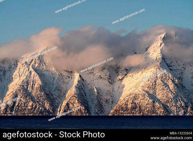 Norway, Nord-Norge, Winter, Mountain, Peaks, Sunset, Sky, Snow, Fjord, Sea, Fjord