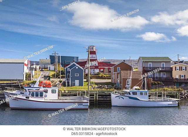 Canada, Nova Scotia, Cabot Trail, Cheticamp, fishing boats and town view