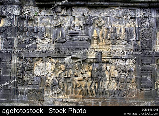 On the wall of monument Borobudur, Java, Indonesia