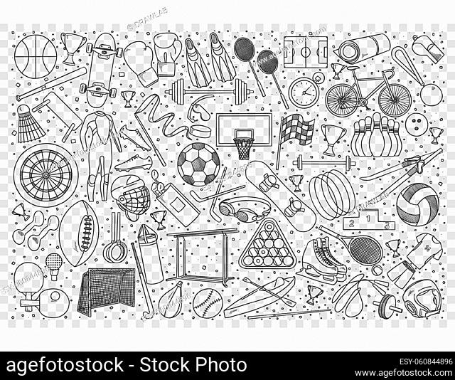 Sport doodle set. Colection of hand drawn sketches templates patterns of football tennis basketball games prizes trophy on transparent background