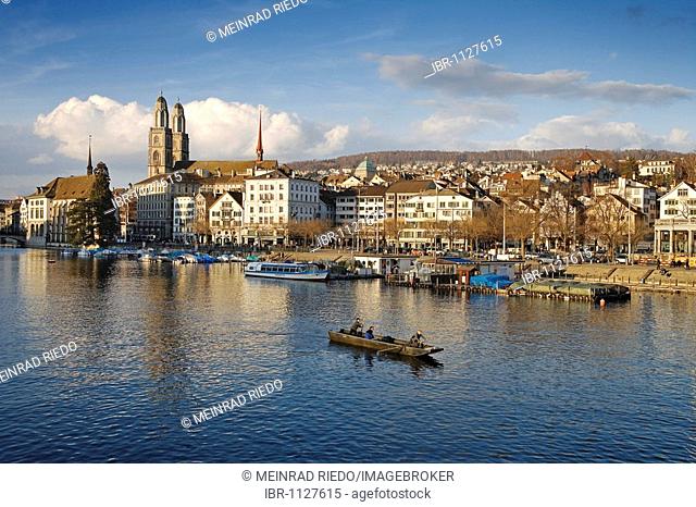 Historic centre of Zurich on Limmat River, Grossmuenster Minster and the Wasserkirche Church, Zurich, Switzerland, Europe