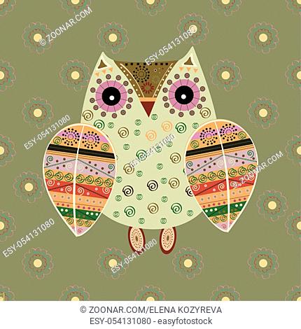 Cute owl with ethnic ornament. Animal bird symbol of wisdom. Funny owl. Vector owl. Bird of prey owl