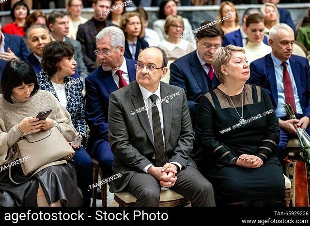 RUSSIA, MOSCOW - DECEMBER 20, 2023: Mikhail Piradov (C), director of the Research Center of Neurology, and Olga Vasilyeva (R)