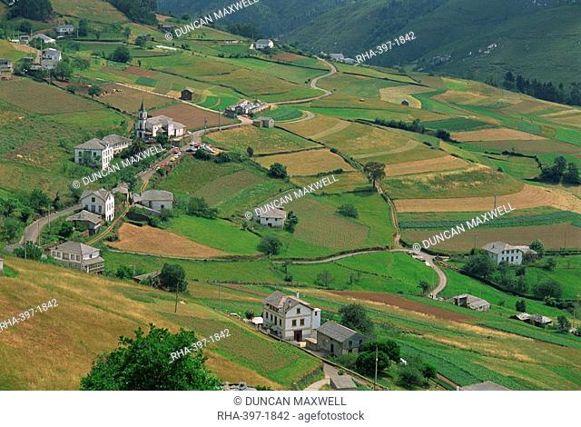 Fields, farms and houses in the Navia Valley Valle del Navia, in Asturias, Spain, Europe
