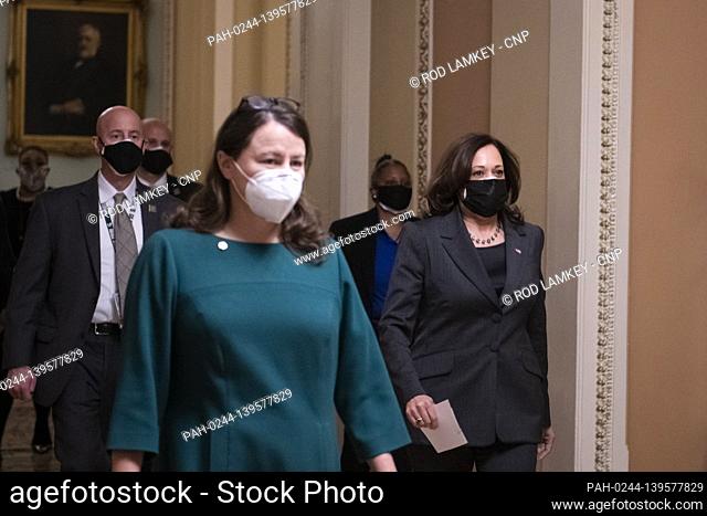 U.S. Vice President Kamala Harris arrives for the ceremonial swearing in of United States Senator Patrick Leahy (Democrat of Vermont) in as President Pro...