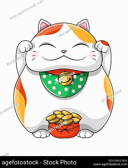Happy Cute Fat Japanese lucky Cat wearing a bandanna and bell gloating over a pile of gold coins in a success and wealth concept