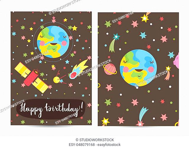 Happy birthday cartoon greeting card on space theme. Sleeping Earth in cosmos surrounded colorful stars, comets and satellites vector illustration