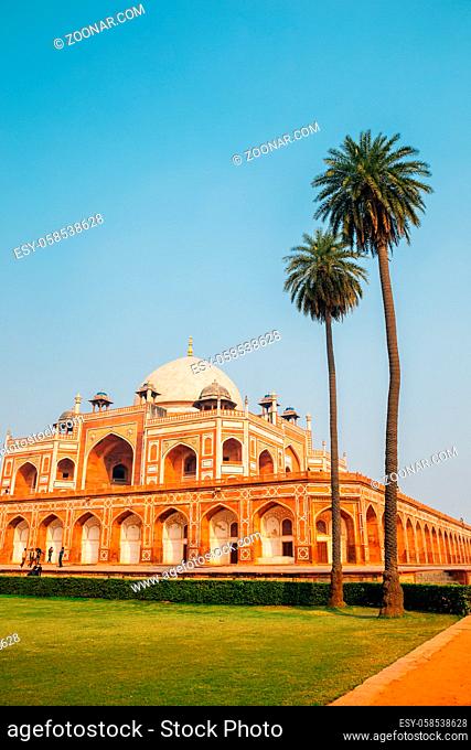 Humayun?s Tomb with palm trees in Delhi, India