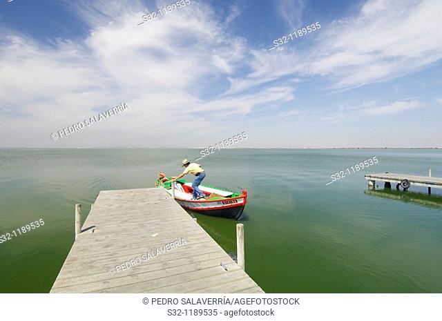view of a boat tying in Albufera lake, Valencia, Spain