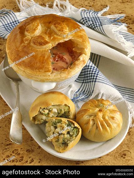 Chunky Tomato Soup with a Pastry Topping; Broccoli and Cheddar Filled Pastries
