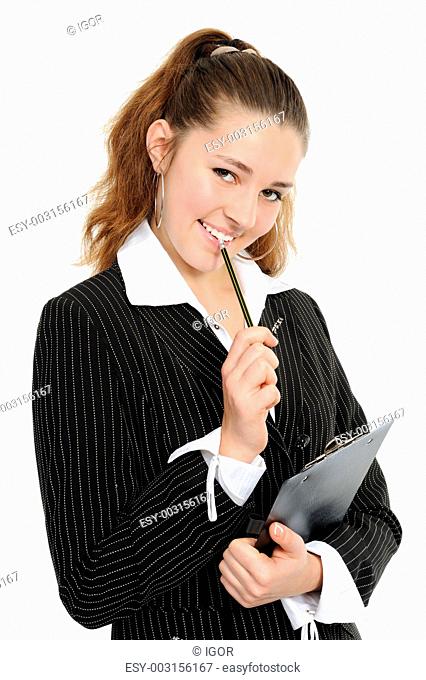 The girl smiles, in hands holds a mechanical pencil and a folder