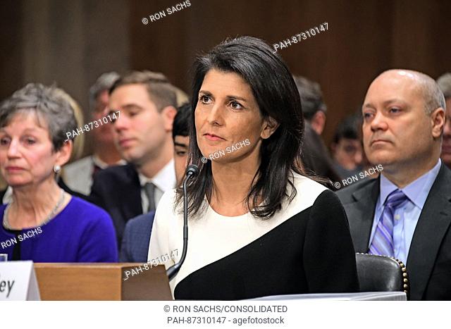 Governor Nikki R. Haley (Republican of South Carolina) testifies before the United States Senate Committee on Foreign Relations on her nomination to serve as...