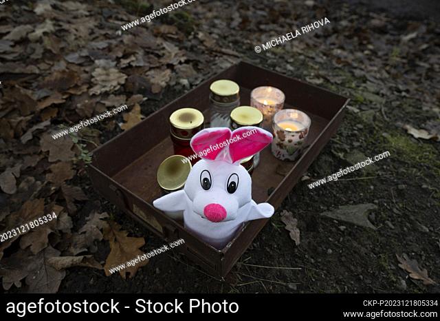 An improvised place of worship at the crime scene of the double murder at Klanovice Forest, Prague, Czech Republic, pictured on December 18, 2023