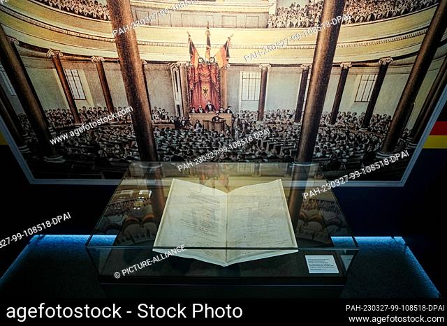27 March 2023, Berlin: The fragile and valuable original document of the Imperial Constitution is on display in the Reichstag building