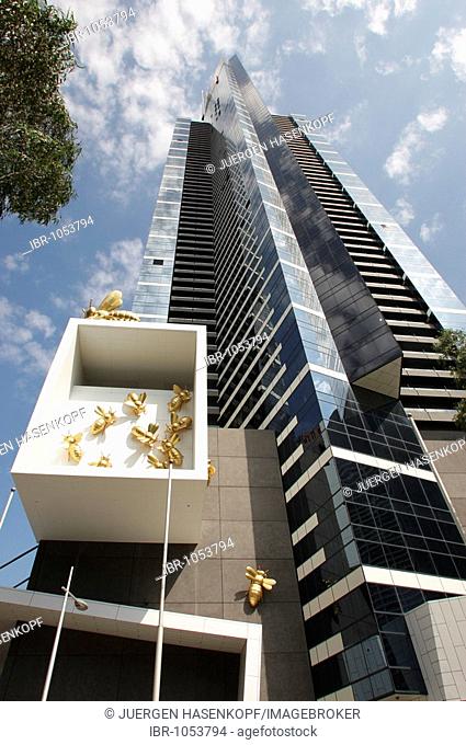 Eureka Tower and sculptures of overdimensioned flies, Melbourne, Victoria, Australia