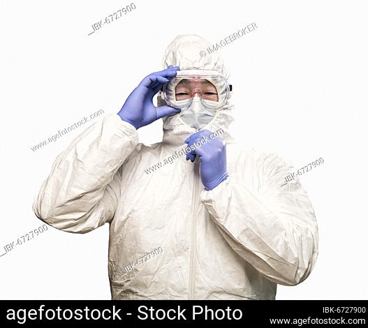 Chinese man wearing hazmat suit, goggles and mask isolated on white