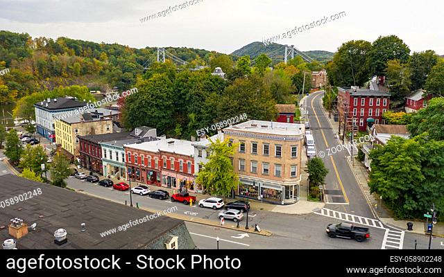 Rondout Creek flows past under bridges on the waterfront in South Kingston New York USA