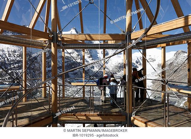 Wilhelm Swarovsky Observatory at Kaiser-Franz-Josefs-Hoehe with a view to Grossglockner mountain and Pasterze Glacier, Grossglockner High Alpine Road