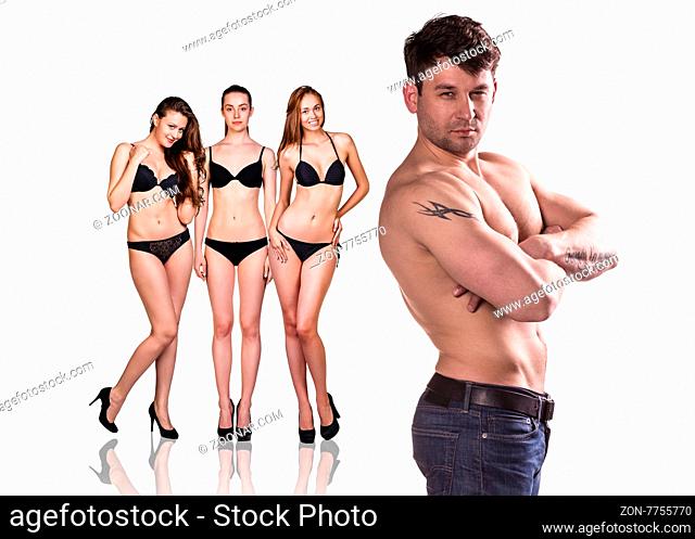 Man and women with perfect bodies on the white background