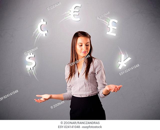 young lady standing and juggling with currency icons