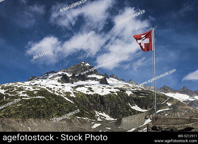 Swiss flag, Galenstock, view from Furka Pass, Rhone Glacier, Canton Valais, Switzerland, Europe