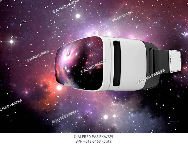 Conceptual image a virtual reality headset in astronomy education and science. A view of an outer space nebula is shown on the front glass panel and in the...