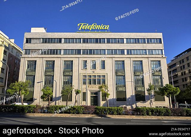 Former North Central Telefonica building in Art Deco style. Madrid, Spain. Telefonica is a Spanish multinational telecommunications company created in 1924 as...