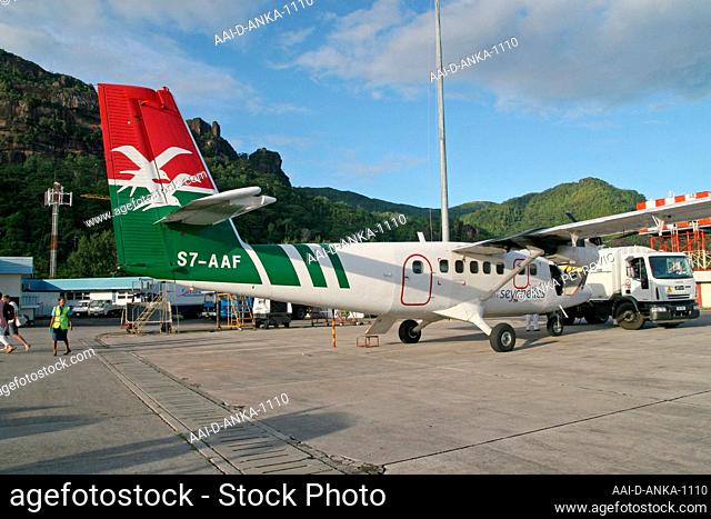 S&-AAF Twin Otter and refueling truck at Mahe Airport, Seychelles