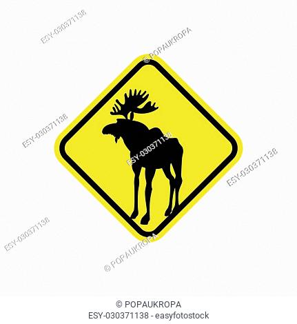 Road sign yellow deer, Moose. Vector pointer Attention animal. Wild animal may be on road