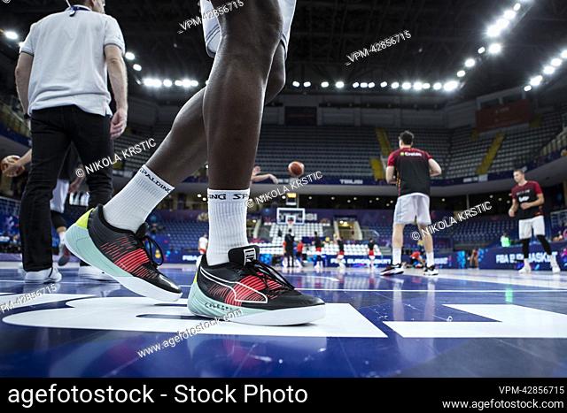 Kevin Tumba's shoes .. pictured before the start of a basketball match between Turkey and the Belgian Lions, Tuesday 06 September 2022, in Tbilisi, Georgia