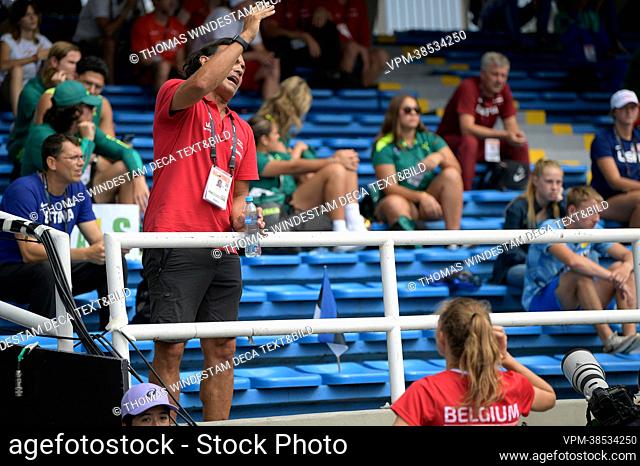 Athletics coach Fernando Oliva and Belgian Merel Maes pictured in action during the high jump event, at the 'World Athletics' World Junior Athletics...