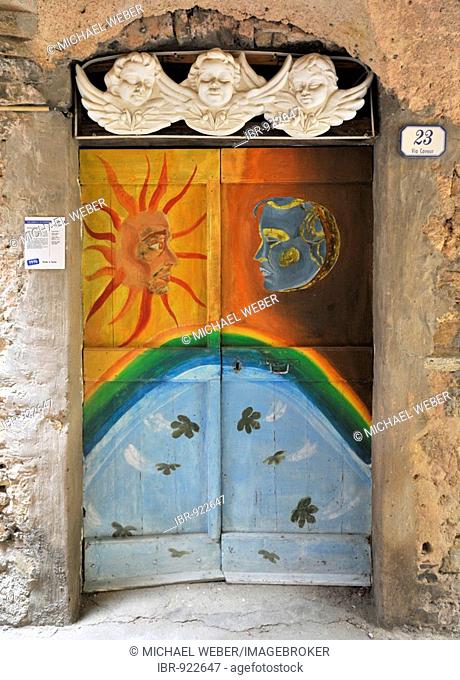 The gates of Valloria, art on doors, daylight museum, district of Dolcedo, Riviera dei Fiori, Liguria, Italy, Europe