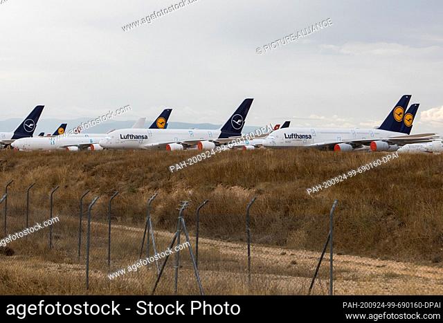23 September 2020, Spain, Teruel: Lufthansa A380 aircraft are parked at Teruel Airport. Due to the low level of intercontinental traffic