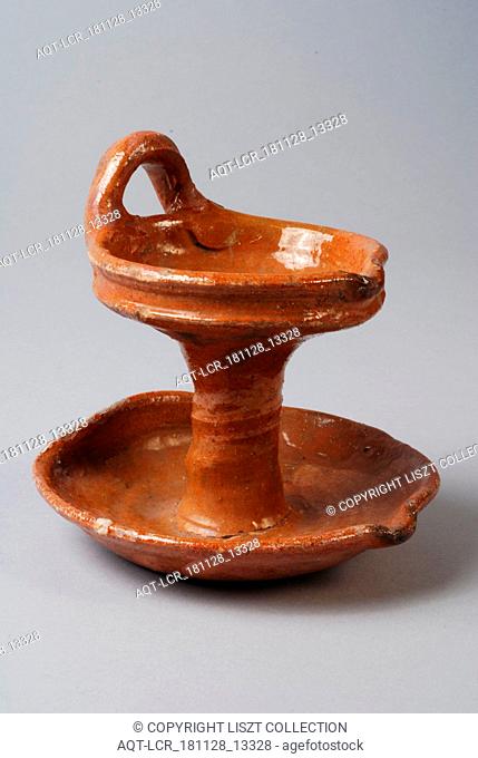 Earthenware oil lamp with lower and upper shell, column and suspension, oil lamp lamp illuminant soil find ceramic earthenware glaze lead glaze