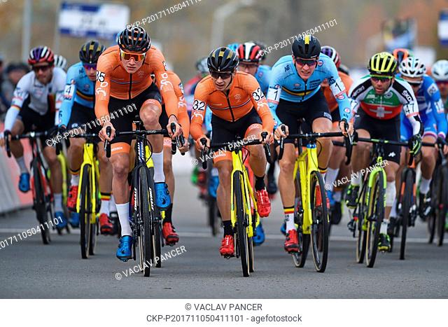 L-R Mathieu van der Poe (Netherlands) Lars van der Haar (Netherlands), Toon Aerts (Belgium) cyclo-cross cyclists in action during the 2017 UEC Cyclo-cross...
