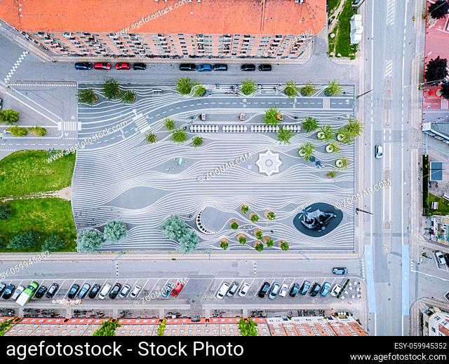Copenhagen, Denmark - August 23, 2019: Aerial drone view of Superkilen Park in Norrebro district. Designed by the arts group Superflex