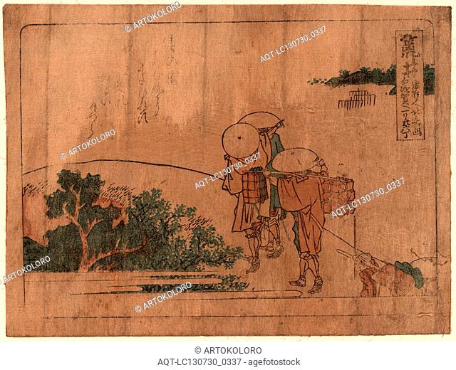 Arai, Katsushika, Hokusai, 1760-1849, artist, 1804., 1 print : woodcut, color ; 13.4 x 17.8 cm., Print shows pilgrims or travelers walking with a porter...