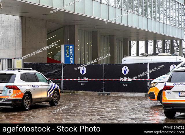 Police pictured on the scene at the 'campus Tweekerken' site of the UGent university where a lifeless body was found on Tuesday 05 December 2023