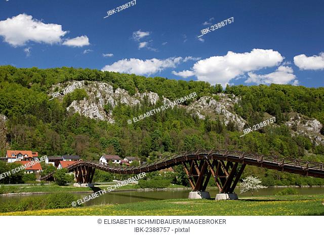 Wooden Bridge Tatzelwurm in Essing, Altmuehltal valley, Bavaria, Germany, Europe