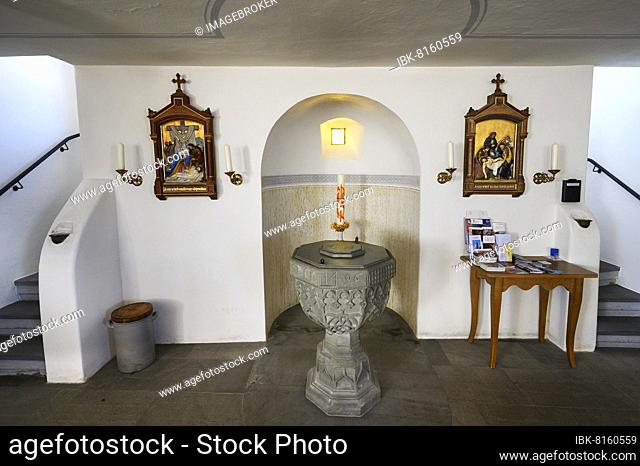 Baptismal font from 1496, Church of St. Ulrich, Rechtis, Allgäu, Bavaria, Germany, Europe