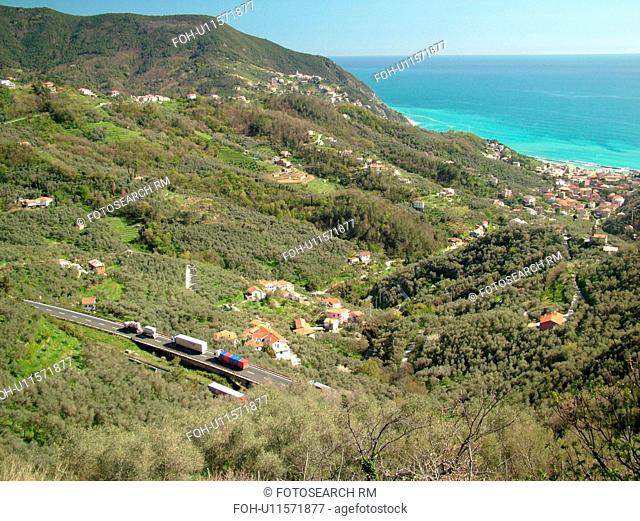 Moneglia, Liguria, Italy, Riviera di Levante, Ligurian Riviera, Europe, Scenic aerial view of the town of Moneglia along the Ligurian Sea
