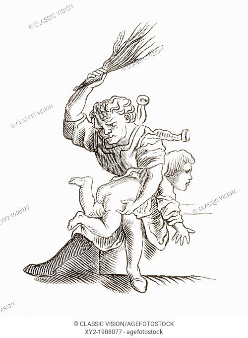 Drawing of a man spanking a child, after Hans Holbein the Younger  From Histoire Des Peintres, École Allemande, published 1875