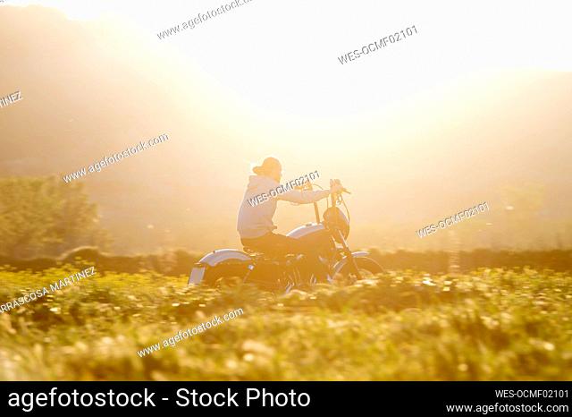 Man riding motorcycle amidst plants on sunny day
