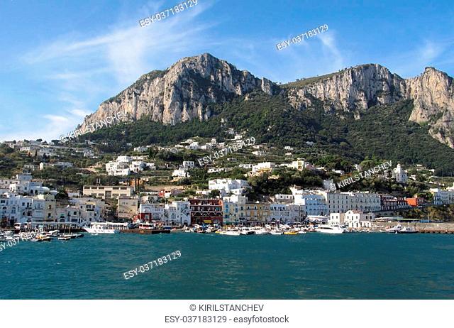 Seaview of Marina Grande on an island Capri in a bright sunny morning