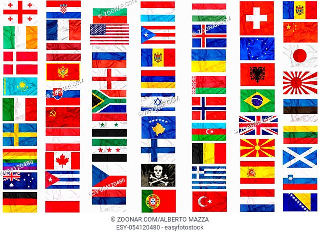 Flags of world countries and symbols in frame on white background:England Russia Italy Spain Scotland Germany US China Sweeden Greece France Brazil Japan Canada...